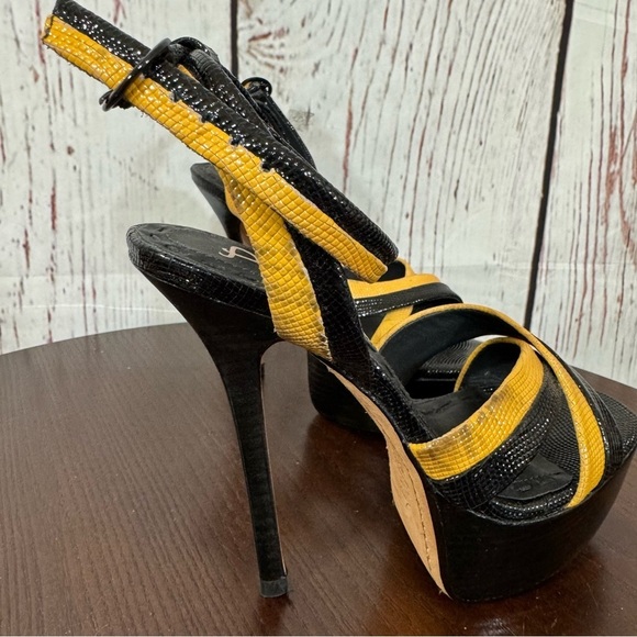 Alice & Olivia Lizabeth Black & Yellow patent leather Ankle Strap Platforms 6.5 - Picture 8 of 17